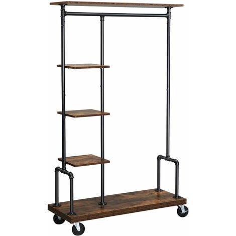 VASAGLE Garderobenständer, Kleiderständer auf Rollen, mit 5 Ablagen, aus Metallrohren, Holzoptik, Vintage, dunkelbraun von SONGMICS HSR66BX - Vintage, dunkelbraun
