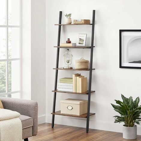 main image of "VASAGLE Industrial Ladder Shelf, 5-Tier Bookshelf Rack, Wall Shelf for Living Room, Kitchen, Office, Stable Iron, Leaning Against the Wall, Rustic Brown by SONGMICS LLS46BX - Rustic Brown"