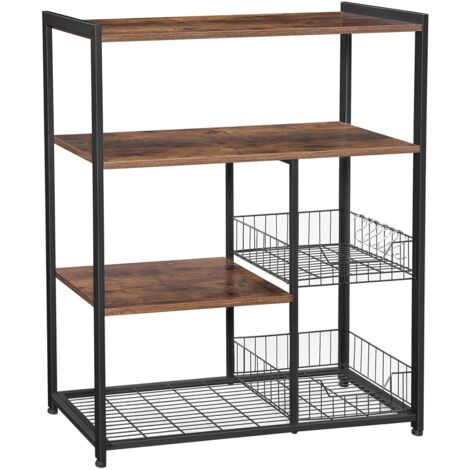 VASAGLE Küchenregal, Standregal mit 2 Metallkörben, Bäckerregal mit Haken und Regalablagen, Mikrowellenregal, 35 x 80 x 95 cm, Vintagebraun-schwarz - Vintage