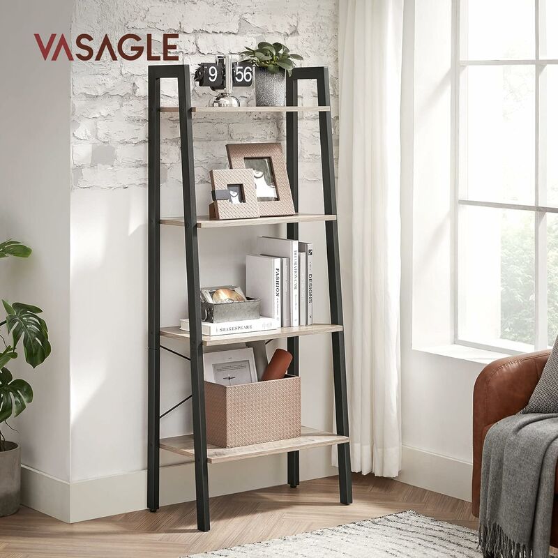 Songmics - vasagle Ladder Shelf, Bookshelf, 4-Tier Industrial Storage Rack for Living Room, Bedroom, Kitchen, Greige and Black LLS44MB
