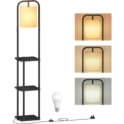 VASAGLE Lampadaire sur Pied, avec 3 Étagères, Lampe sur Pied, Ampoule LED Incluse, avec Interrupteur, Abat-Jour en Tissu, pour Salon, Chambre, Noir d'Encre
