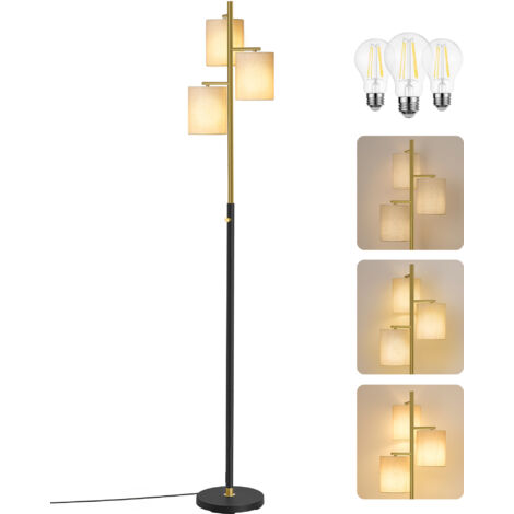 VASAGLE Lampadaire sur Pied Salon, avec 3 Ampoules, 3 Douilles E27, Intensité Réglable, Abat-Jour en Tissu, Doré et Noir