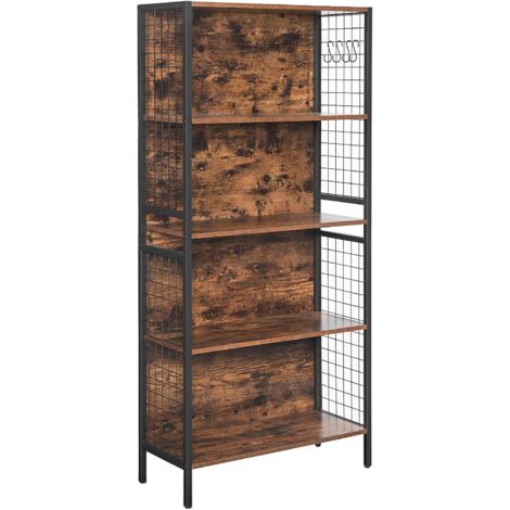 VASAGLE Librería, Estantería de Almacenamiento de 4 Niveles, para Libros y Objetos Decorativos, Marco de Acero, con Ganchos en S, para Sala de Estar, Dormitorio, Marrón Rústico y Negro por SONGMICS - Marrón Rústico y Negro