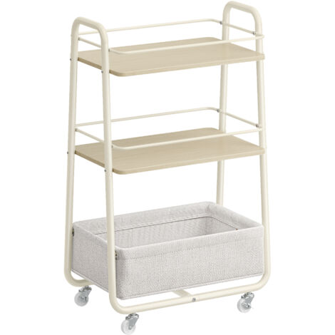 VASAGLE LILEA Collection - Chariot de Rangement avec Panier en Tissu, Chariot à roulettes à 3 Niveaux, avec Étagères, pour Salon, Chambre, Cuisine, Beige Naturel et Blanc Crème