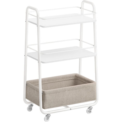 VASAGLE LILEA Collection - Chariot de Rangement avec Panier en Tissu, Chariot à roulettes à 3 Niveaux, avec Étagères, pour Salon, Chambre, Cuisine, Blanc Nuage et Marron Camel