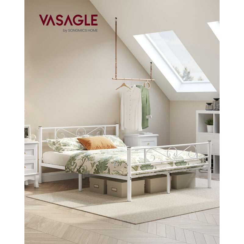 VASAGLE Lit 160 x 200 cm, Lit Double, Lit 2 Places, en Métal, pour Petits Espaces, Chambre d’Amis, Chambre Ado, Blanc