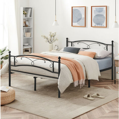 Vasagle – Lit adulte 140 x 190 cm en métal noir – Cadre double 2 places – Montage facile – Capacité de charge 240 kg – Espace de rangement 27 cm