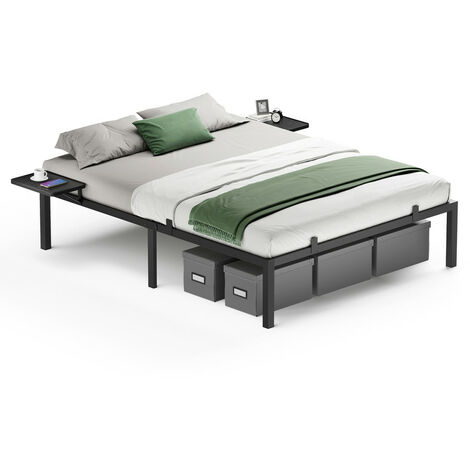 VASAGLE Lit Double, Adapté pour Matelas 160 x 200 cm, Lit 2 Personnes, Cadre de Lit en Métal avec Étagères de Rangement, Lit Adolescent, Montage Facile, Noir Classique - Noir classique