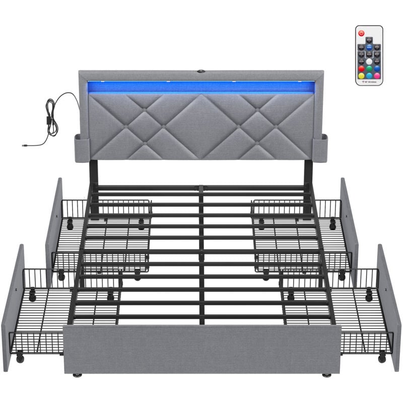 Vasagle - Lit Double, Cadre de Lit, Lit Coffre 140 x 190 cm, avec led, Lit en Métal, 4 Tiroirs, Multiprise, Tête de Lit Rembourrée Ajustable, Pas