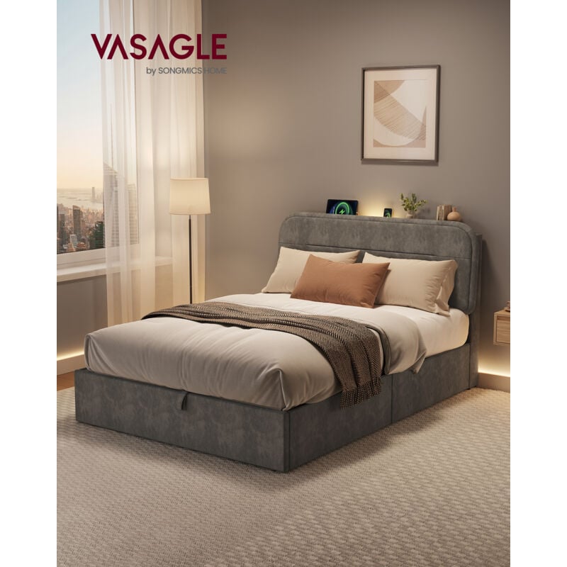 VASAGLE Lit Coffre 140 x 190 cm, Lit Double, Cadre de Lit, Sommier Relevable, avec Rangement, Éclairage LED, Ports de Charge, Tête de Lit, Style