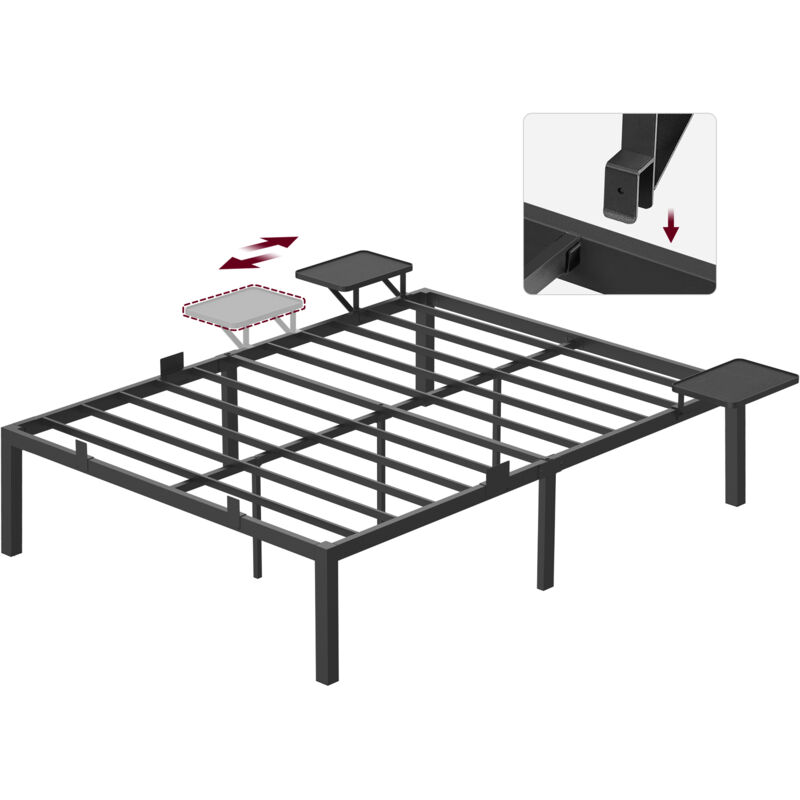 Vasagle - Lit 140 x 200 cm, Lit Double 2 Personnes, Cadre de Lit en Métal avec Étagères de Rangement, Noir Classique