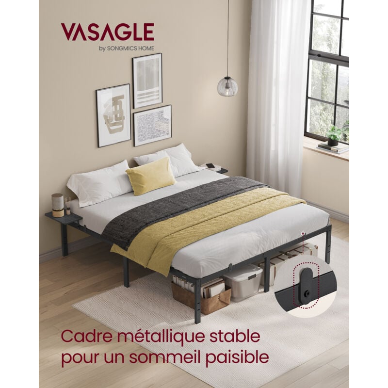 Songmics - vasagle Lit Double 160 x 200 cm, Lit 2 Personnes, Cadre de Lit en Métal avec Étagères de Rangement, Lit Adolescent, Noir Classique