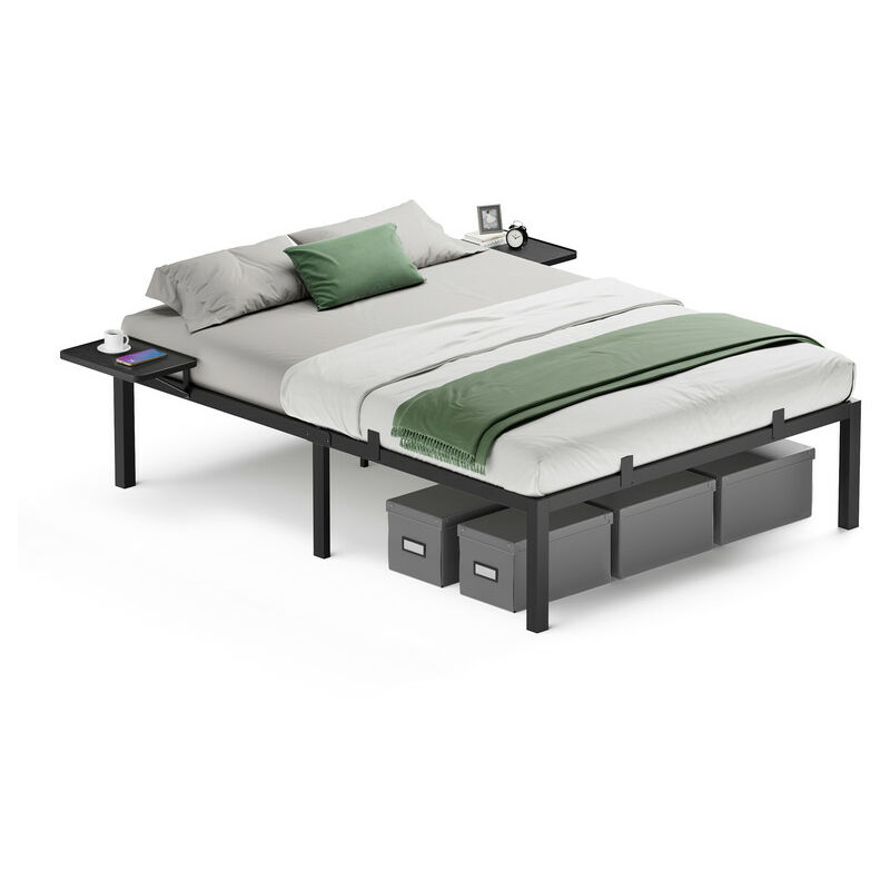 Vasagle Lit Double 140 x 190 cm, Lit 2 Personnes, Cadre de Lit en Métal avec Étagères de Rangement, Noir Classique