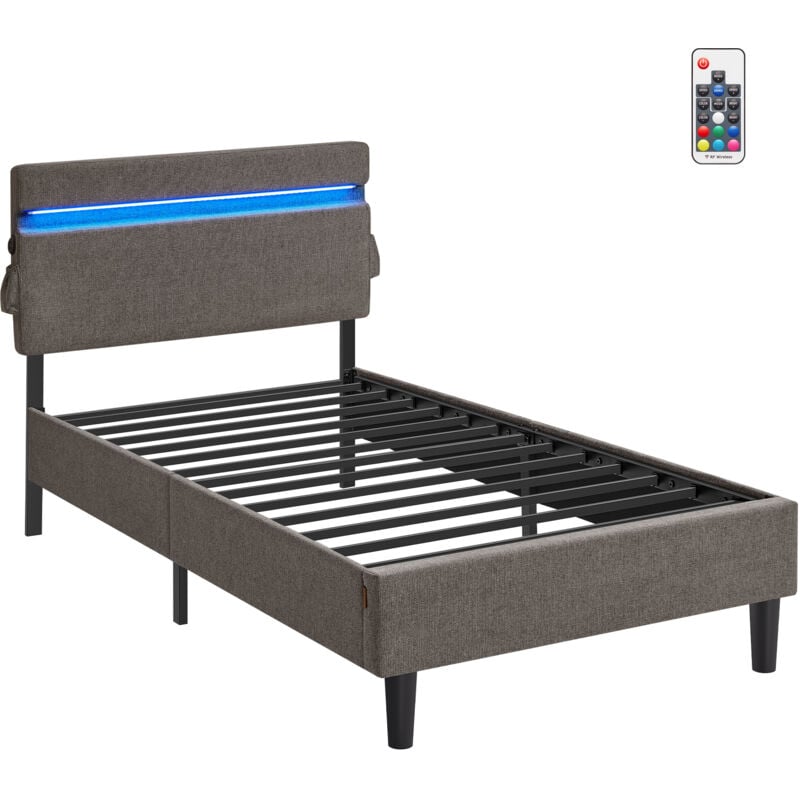 Lit Simple en Métal, 90 x 190 cm, Cadre de Lit, Tête de Lit Rembourré Réglable, Éclairage led, Prise Port usb et type-c, Style Moderne, pour Chambre