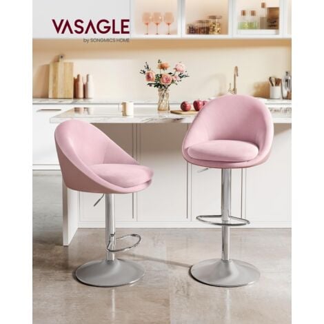 VASAGLE LJB110R01 - Set di 2 sgabelli da bar regolabili in altezza, girevole a 360°, con schienale, base, poggiapiedi, in acciaio, per bancone, bar, sala da pranzo, colore rosa pastello-argento