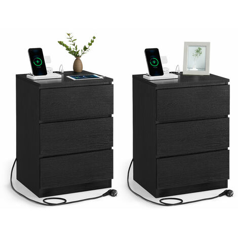 Vasagle – Lot de 2 tables de chevet avec multiprise – 3 tiroirs biseautés – 2 prises CA et 2 ports USB – Panneau d’aggloméré noir boisé – 35x40x59 cm
