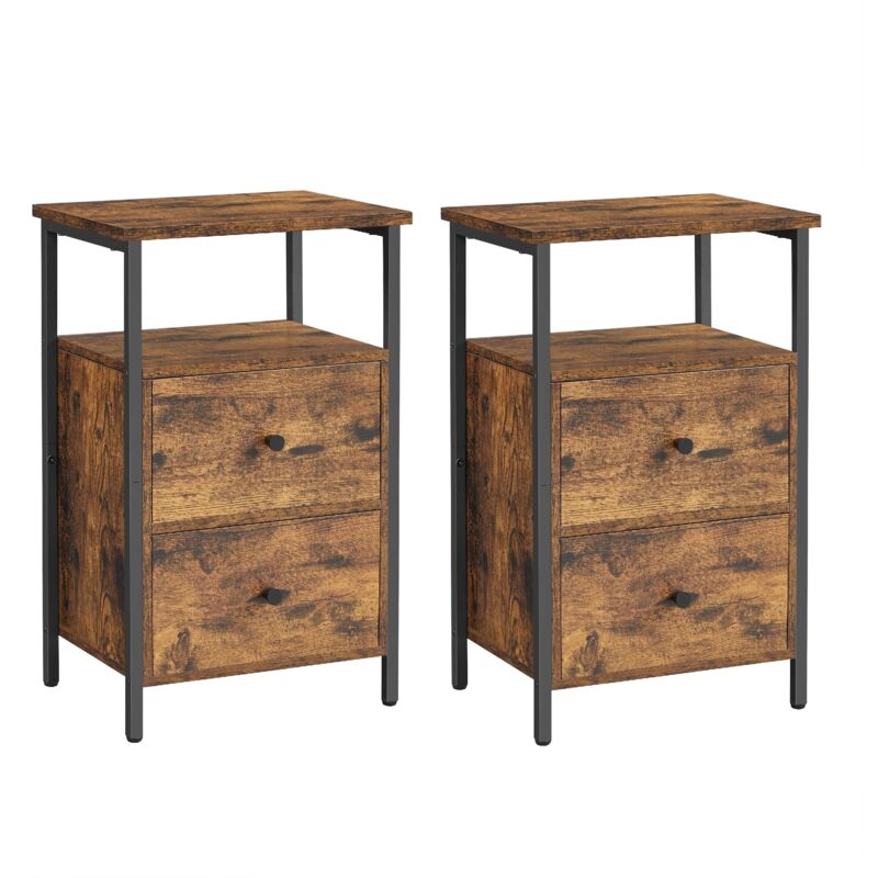 Vasagle - Lot de 2 Tables de Chevet, Table de Nuit, Bout de Canapé 2 Tiroirs, pour Chambre, Salon, Style Industriel, Marron Rustique et Noir