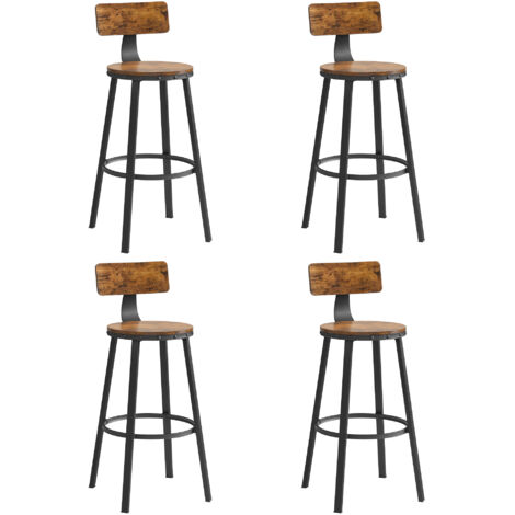 Vasagle – Lot de 4 tabourets de bar avec dossier – Hauteur d'assise 73 cm – Cadre en acier noir – Style industriel marron rustique – Montage facile