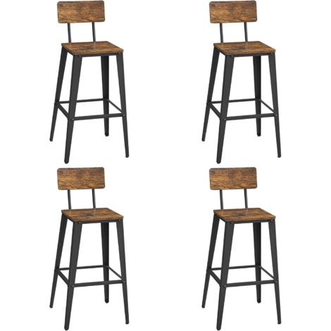 Vasagle – Lot de 4 tabourets de bar industriels – Cadre en acier – Hauteur d'assise 74 cm – Dossier incliné 103° – Capacité 136 kg – Montage facile