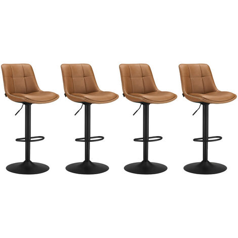 Vasagle – Lot de 4 tabourets de bar pivotants – Hauteur réglable 62-84 cm – Matelassé en PU – Dossier et repose-pieds – Acier noir – Marron caramel