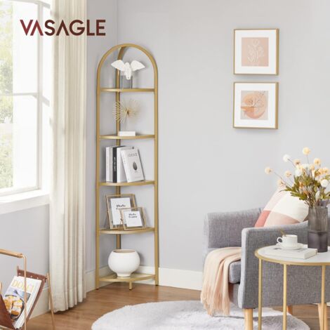 VASAGLE Mensola Angolare a 5 Ripiani, Scaffale Angolare, Libreria in Vetro Temperato, Antiruggine, Soggiorno Camera da Letto Cucina Bagno, Moderno, Color Dorato da SONGMICS