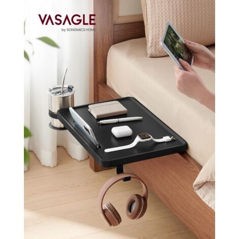 VASAGLE Mensola da Letto, Comodino Sospeso per Letto a Castello, Letto a Soppalco, Slot per Cellulare, Porta Bicchieri Girevole, Gancio, Morsetti Regolabili, Dormitorio, Nero Inchiostro