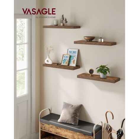 VASAGLE Mensola da Muro, Set di 4, Mensola da Parete, 20 x 60 x 3,8 cm, per Portafoto Decorazioni, Soggiorno Studio Cucina, Marrone Vintage