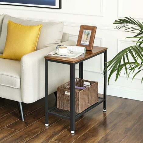 Relaxdays mesa auxiliar de madera, Mesita de noche de nogal, 2 niveles, Con  cajón, Estrecha HxLxP: 80x35x30 cm, natural