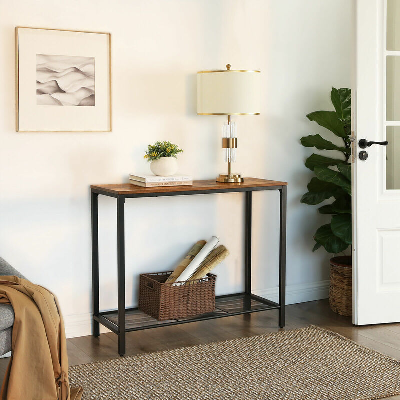 

VASAGLE Mesa de Consola de Estilo Industrial, Mesa de Entrada con Estante de Malla Metálica, 100 x 35 x 80 cm, para Vestíbulo, Salón, Marrón Rústico