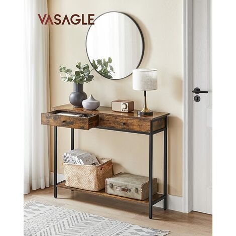 VASAGLE Mesa de Consola, Mesa de Entrada, Mesa de Sofá con 2 Cajones, Marco de Acero, Estable, para Pasillo, Dormitorio, Salón, Estilo Industrial, Marrón Rústico y Negro por SONGMICS - Marrón Rústico y Negro