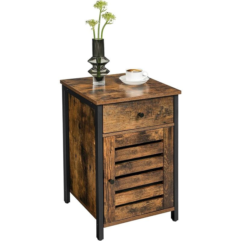 

VASAGLE Mesa Lateral con Cajón, Mesa de Extremo para Espacios Pequeños, Puerta con Persiana, para Dormitorio, Sala de Estar, Marco de Metal, Estilo