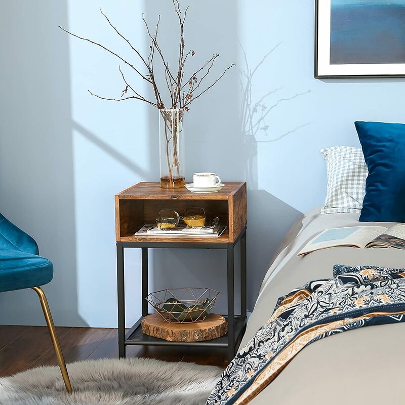 

VASAGLE Mesita de Noche, Mesa Auxiliar con Compartimento Abierto y Estante de Malla, para Dormitorio, Salón, Fácil Montaje, Ahorro de Espacio, Modelo