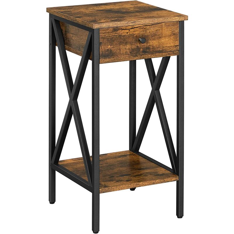 

VASAGLE Mesita de Noche, Mesa Auxiliar, Mesa Lateral con cajón y Estante de Almacenamiento, Estilo Industrial, Marrón Rústico y Negro LET501B01