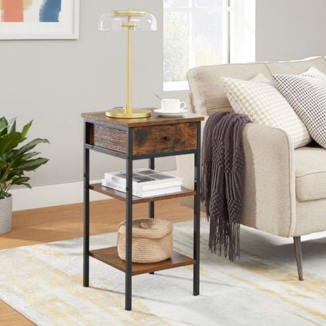 VASAGLE Mesita de Noche, Mesa Auxiliar, Mesa Lateral con cajón y 2 estantes de Almacenamiento, Estilo Industrial, Marrón Rústico y Negro