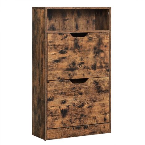 Vasagle – Meuble à chaussures 2 abattants – Étagère 3 niveaux avec compartiment ouvert – Placage mélaminé facile à nettoyer – 60 x 24 x 102 cm – Marron rustique – LBC040X01