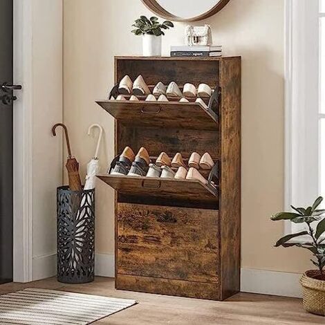 Vasagle – Meuble à chaussures 3 abattants – Rangement 3 niveaux 60 x 24 x 120 cm – Marron rustique – Séparateurs amovibles – LBC030X01