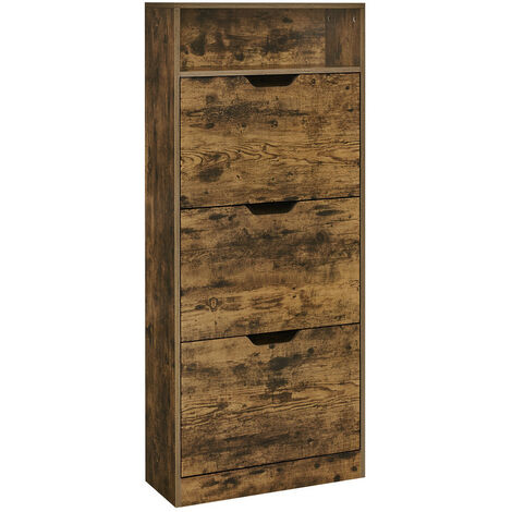 Vasagle – Meuble à chaussures 3 portes battantes – Compartiment ouvert – Séparateur réglable – Capacité 14 à 18 paires – Dimensions 24 x 60 x 139 cm – Marron rustique