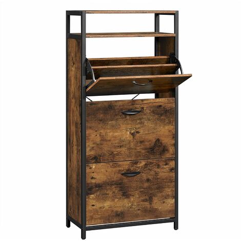 VASAGLE Meuble à chaussures à 3 abattants, Meuble d’entrée, Étagère, Organisateur, avec case ouvert, séparateurs internes, pour 15-18 paires, 60 x 30 x 130 cm, Marron Rustique et Noir par SONGMICS LBS101B01 - Marron Rustique et Noir
