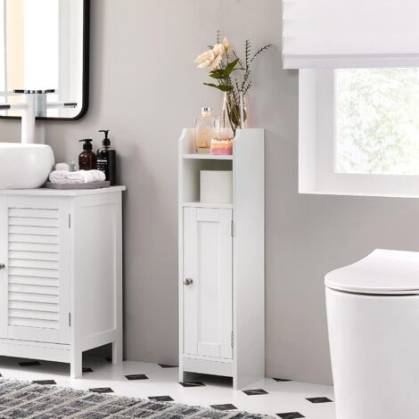 Vasagle – Meuble de salle de bain blanc 18 x 20 x 80 cm – Étagères réglables en hauteur – MDF laqué – Installation murale sécurisée