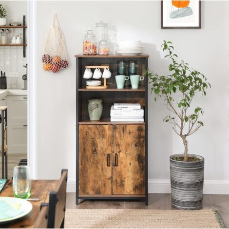 VASAGLE Meuble de Rangement, Armoire, Placard, Bibliothèque, 2 Compartiments Ouvert et 1 Compartiment fermé à Double Porte, Structure en Acier, pour Salon, Cuisine, Marron Rustique et Noir par SONGMIC - Brun rustique, noir
