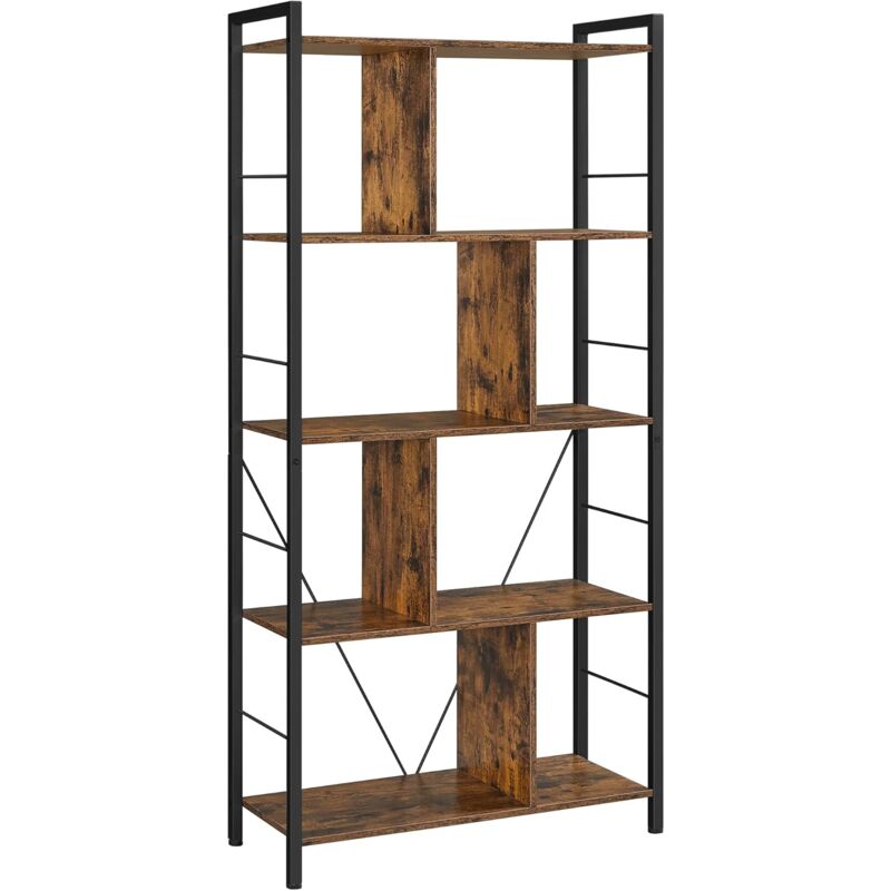 Meuble de Rangement, Bibliothèque, Étagère 5 Niveaux, avec Compartiments Ouverts, pour Bureau, Salon, Chambre, Style Industriel, Marron Rustique et