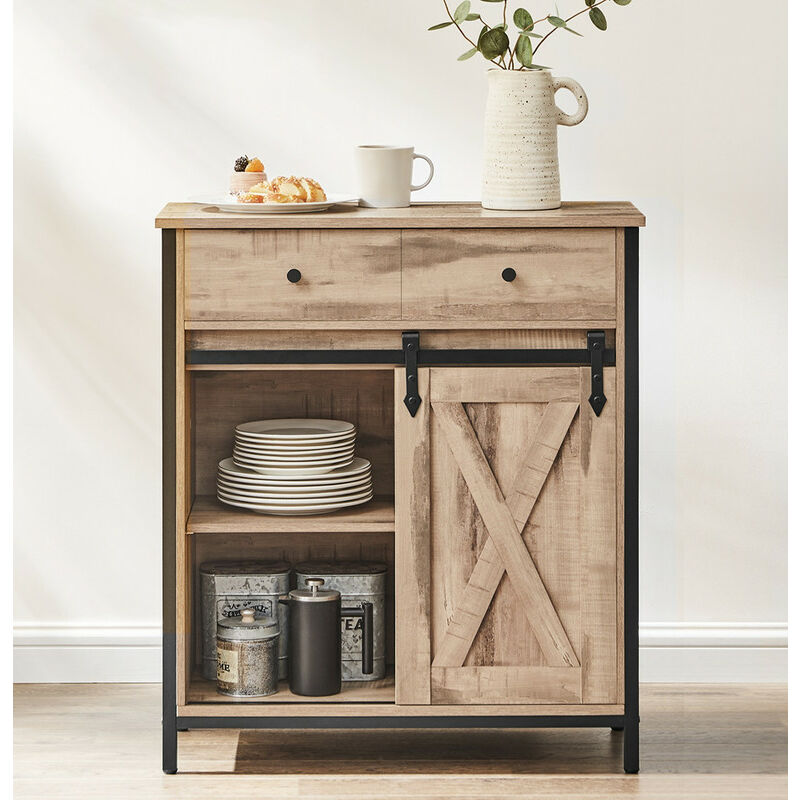 Meuble de Rangement, Buffet de Cuisine avec Porte Coulissante, 70 x 30 x 80 cm, Étagère Réglable, Style Campagnard, Marron Boisé et Noir
