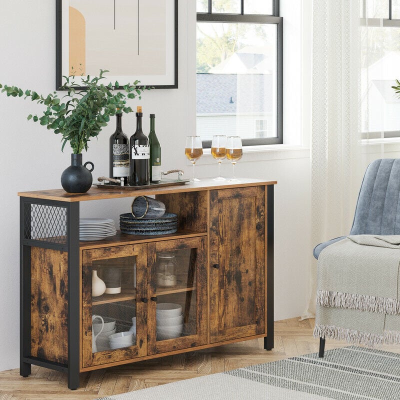 Meuble de Rangement vasagle - Buffet avec Placard 3 Portes - 110 x 33 x 75 cm - Style Industriel - Marron Rustique et Noir