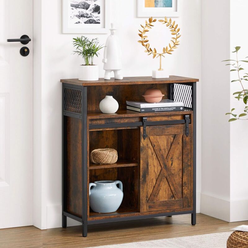 Meuble de rangement, Buffet, avec porte, compartiment ouvert, étagère réglable, style industriel, 70 x 30 x 80 cm, Marron Rustique et Noir