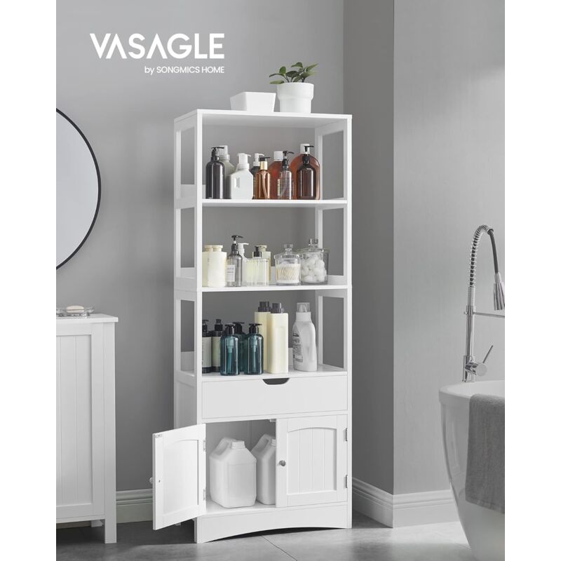 Vasagle - Meuble de Salle de Bain 60 x 32,5 x 154 cm, avec 3 Compartiments Ouverts, 1 Tiroir et 1 Placard, Blanc