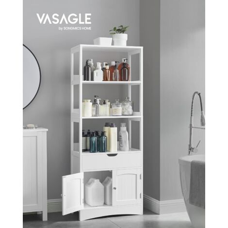 Vasagle – Meuble de rangement salle de bain 60 x 32,5 x 154 cm – 3 étagères ouvertes – 1 tiroir – 1 placard – Panneau MDF blanc