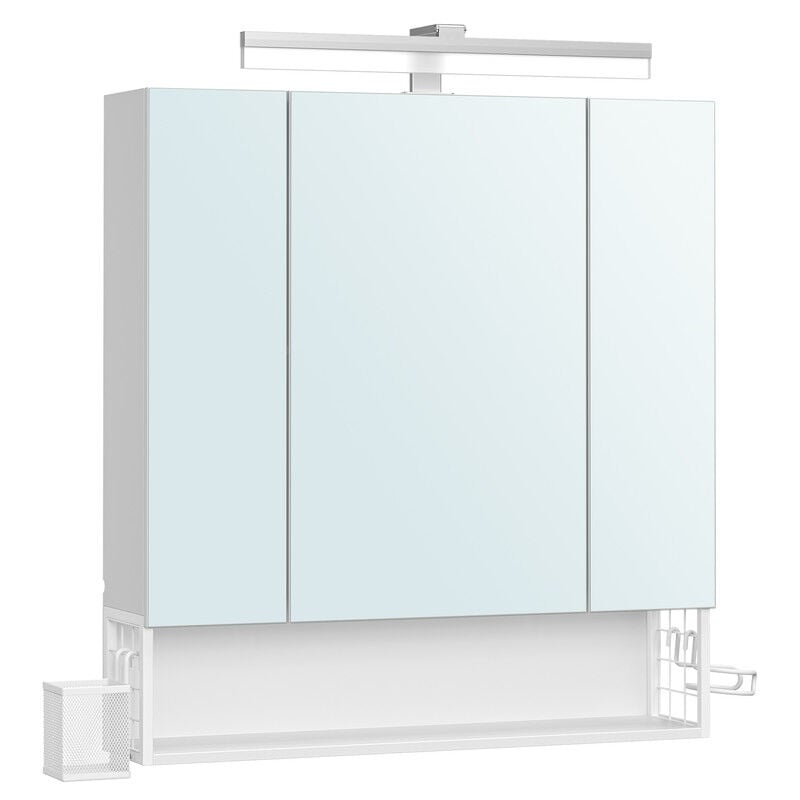 Meuble de Salle de Bain 3 Portes, Armoire Murale avec Miroir, Multiprise, Panier Suspendu, Support pour Sèche-Cheveux, pour Salle de Bain, Lavabo,