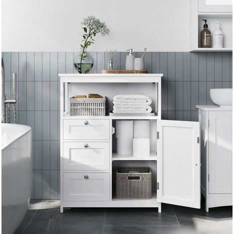 VASAGLE Meuble de Salle de Bain avec 3 Tiroirs, Étagères Réglables, 60 x 30 x 80 cm, Meuble de Rangement, Commode, Placard, Armoire, Blanc