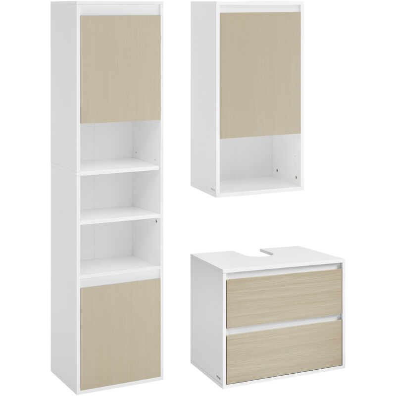 Meuble de Salle de Bain, Colonne de Rangement, Meuble sous Lavabo Suspendu, avec Étagères, Beaucoup d'Espace de Rangement, Blanc Nuage et Beige