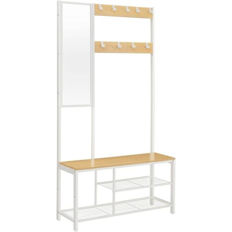 Vasagle – Meuble d'entrée porte-manteau avec 9 crochets en acier – Banc à chaussures et étagères – Dimensions 36 x 98 x 185 cm – Chêne et blanc